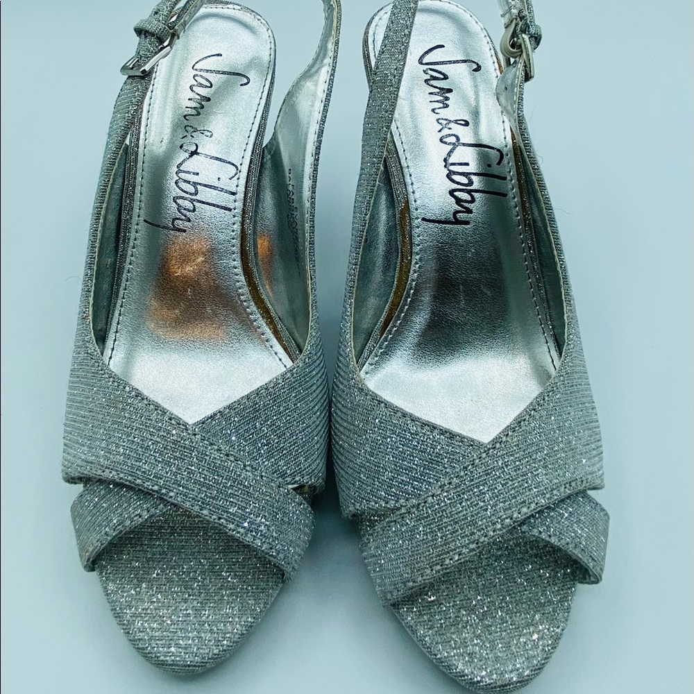 Sam & Libby Womens shoes. Sparkly silver. 2” heels with strap and open toed.